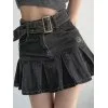 Buckle Belt Pleated Denim Mini Skirt