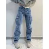 Washed Mid Waist Pocket Cargo Jeans