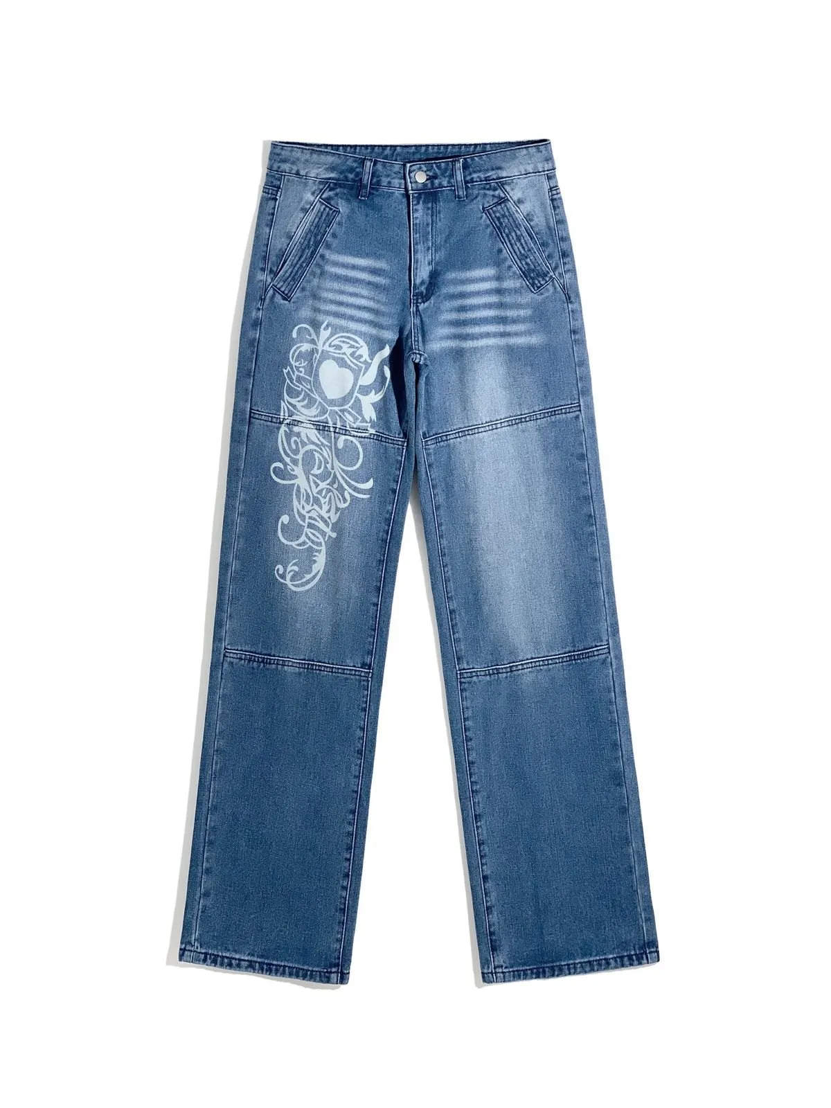 Washed Heart Pattern Cargo Jeans