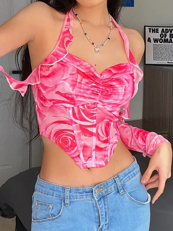 V Neck Tie Dye Print Ruffle Long Sleeve Tee