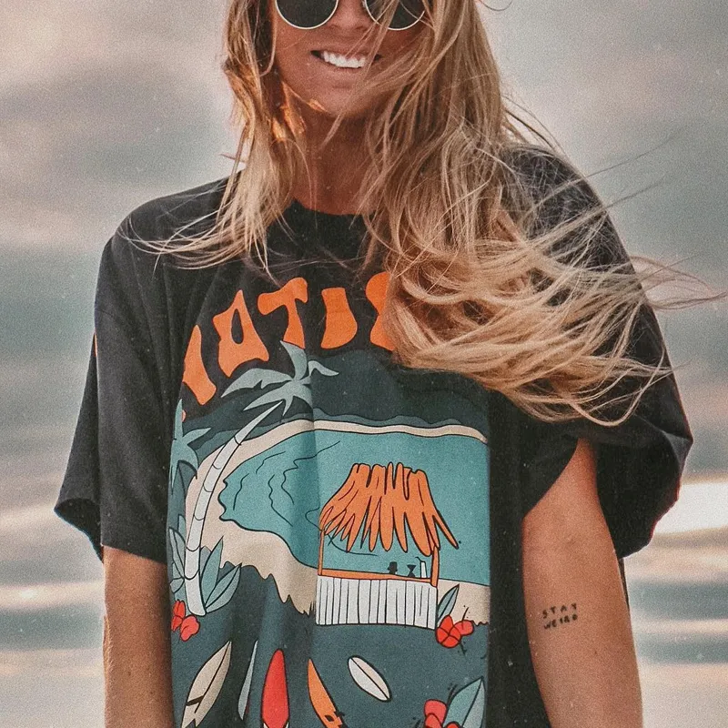 Summer Retro Surf Printed Casual Tee