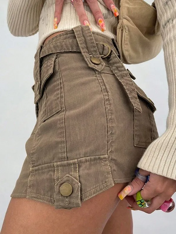 Paneled Denim Cargo Mini Skirt