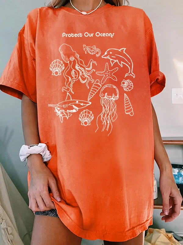 Women's Protect Our Oceans Print Loose T-Shirt