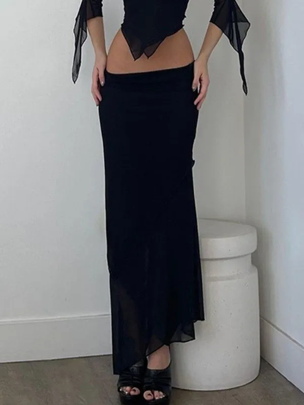Black Asymmetric Mesh Maxi Skirt