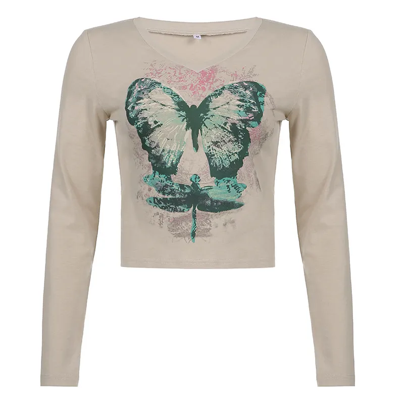 Beautiful Butterfly Print Slim V-neck Long-sleeved T-shirt