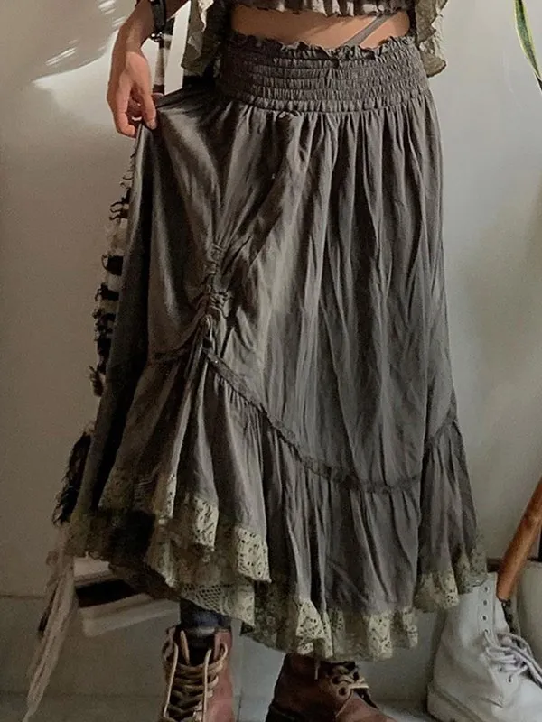 High Waist A-Line Solid Color Casual Ruched Midi Skirts