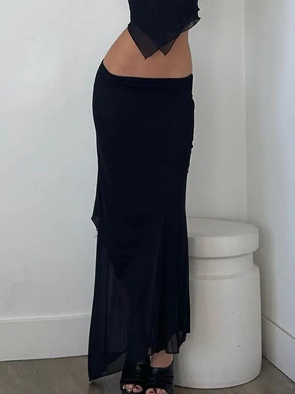 Black Asymmetric Mesh Maxi Skirt