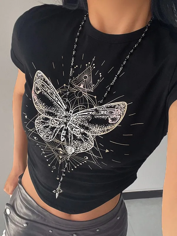 Butterfly Print U Shaped Hem Short Sleeved Tee