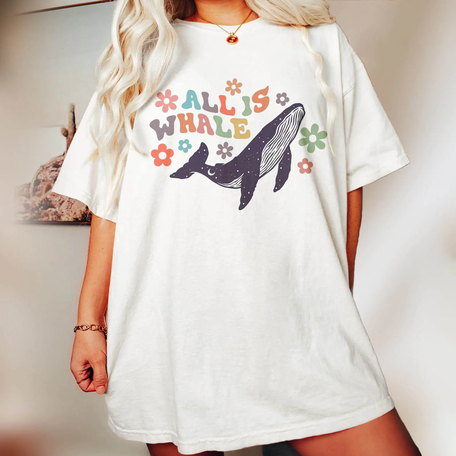 Women's All Is Whale Flower Print Loose T-Shirt