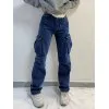 Washed Mid Waist Pocket Cargo Jeans