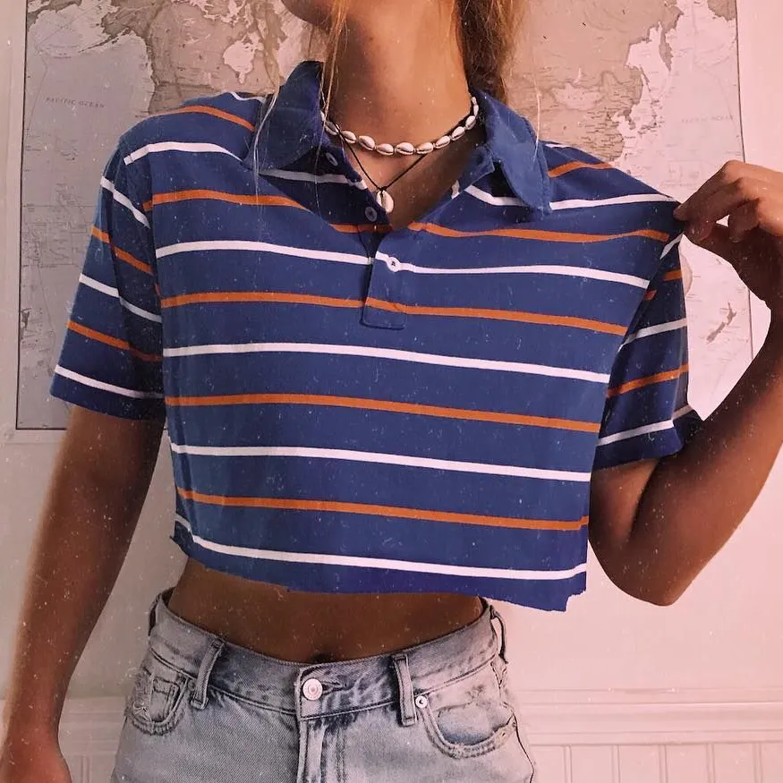 Women's Daily Tri-Color Striped Short Sleeve Polo Shirt