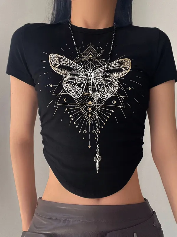 Butterfly Print U Shaped Hem Short Sleeved Tee