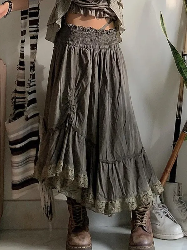 High Waist A-Line Solid Color Casual Ruched Midi Skirts
