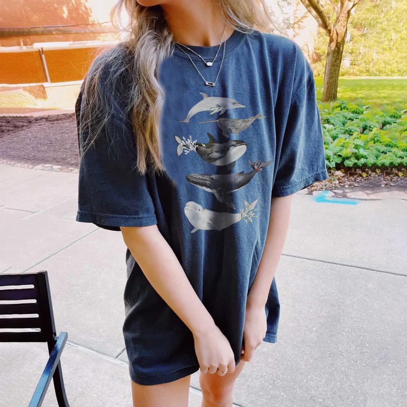 Women's Watercolor Whale Dolphin Print Loose T-Shirt