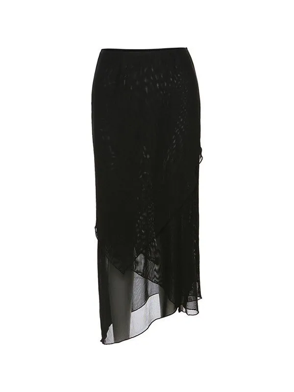 Black Asymmetric Mesh Maxi Skirt