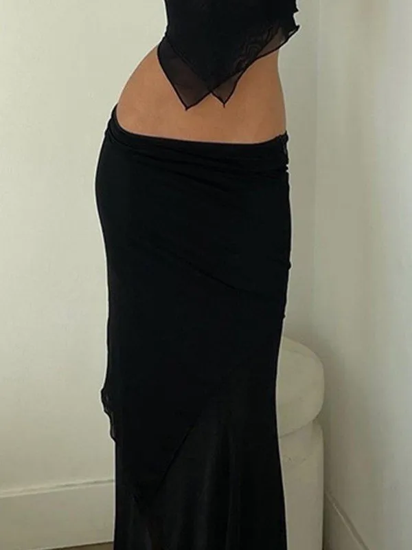Black Asymmetric Mesh Maxi Skirt