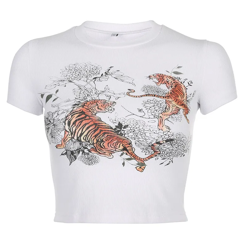 Fashion - new features tiger-print printed white T-shirt slim short crop navel short sleeved women