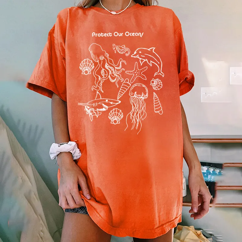 Women's Protect Our Oceans Print Loose T-Shirt