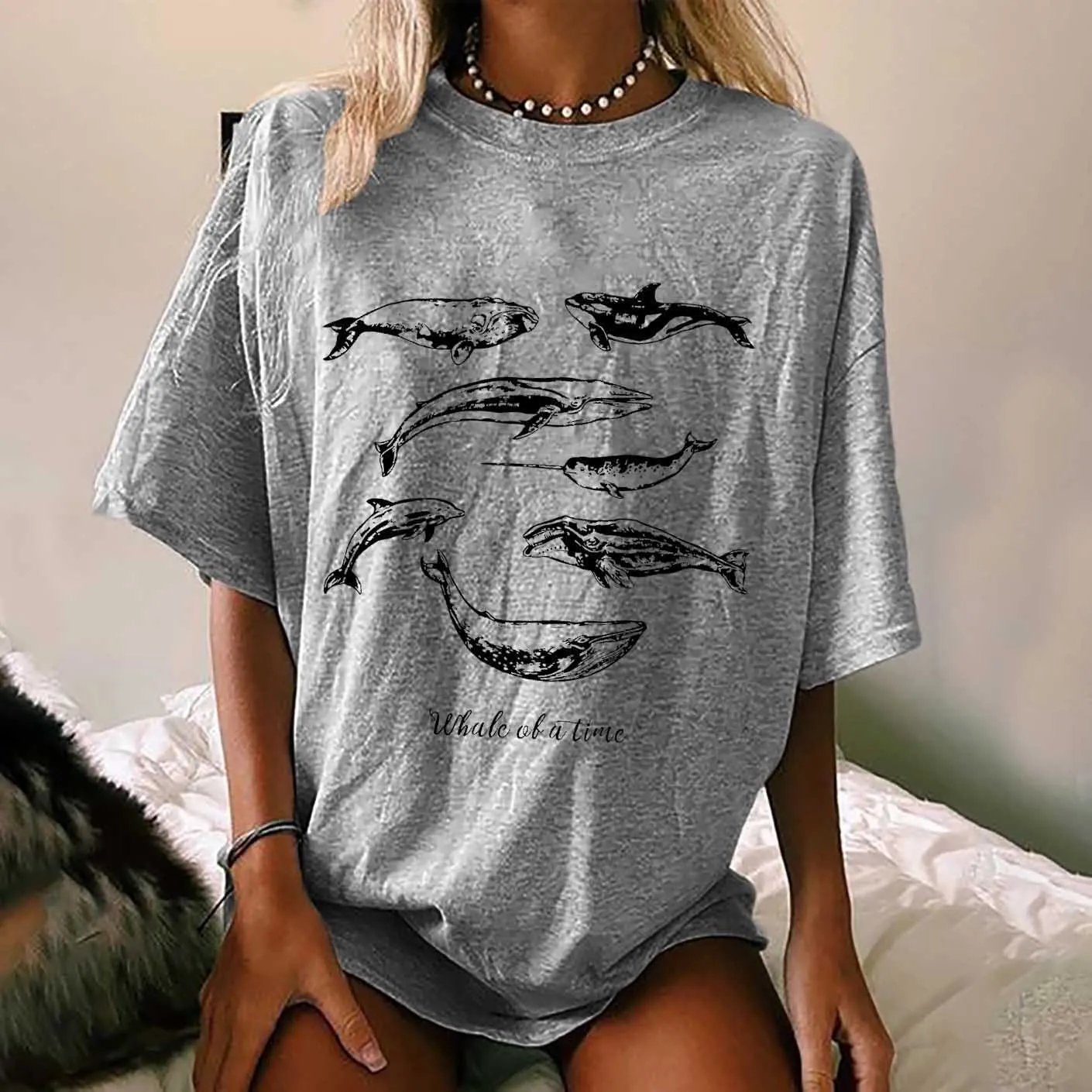 Women's Whale Of A Time Marine Life Print Loose T-Shirt