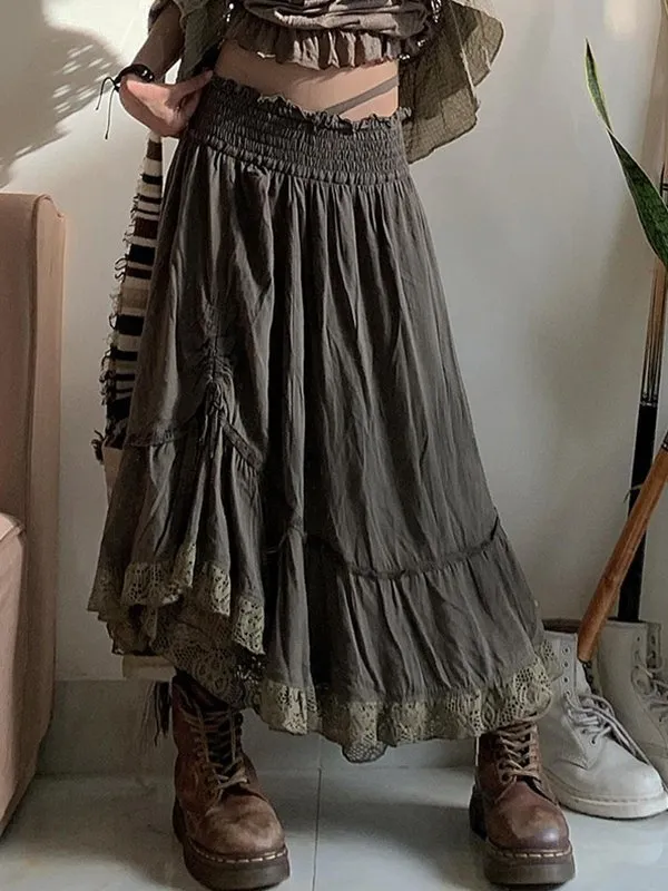 High Waist A-Line Solid Color Casual Ruched Midi Skirts