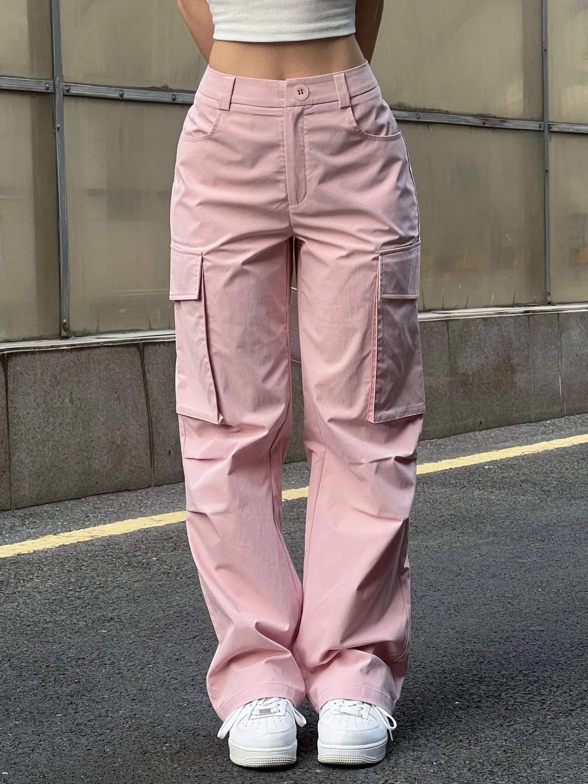 Ruched Pink Straight Leg Cargo Pants