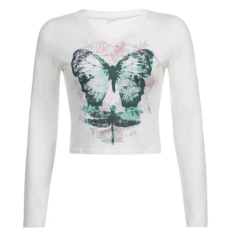 Beautiful Butterfly Print Slim V-neck Long-sleeved T-shirt