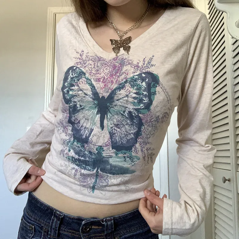 Beautiful Butterfly Print Slim V-neck Long-sleeved T-shirt
