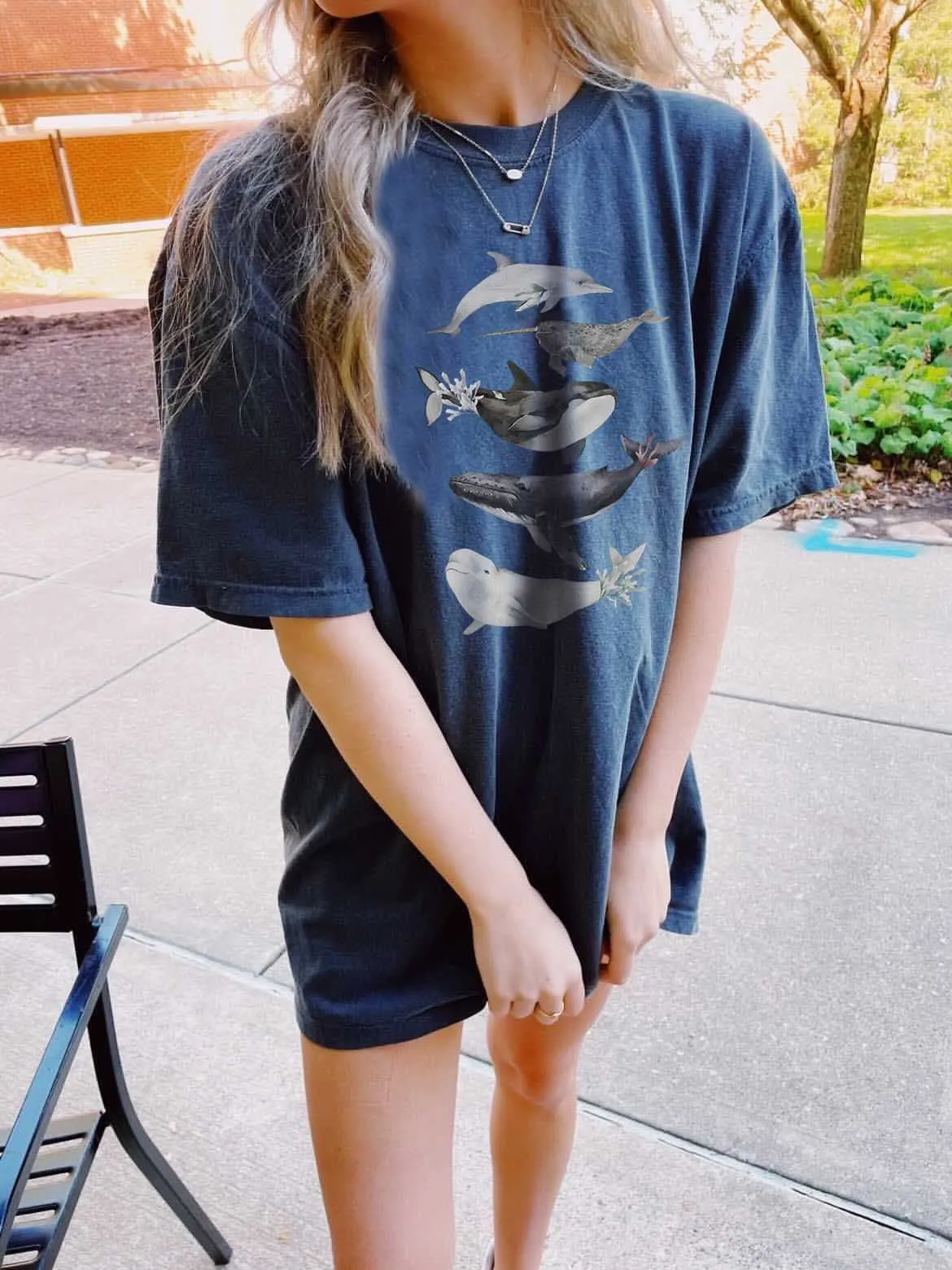 Women's Watercolor Whale Dolphin Print Loose T-Shirt