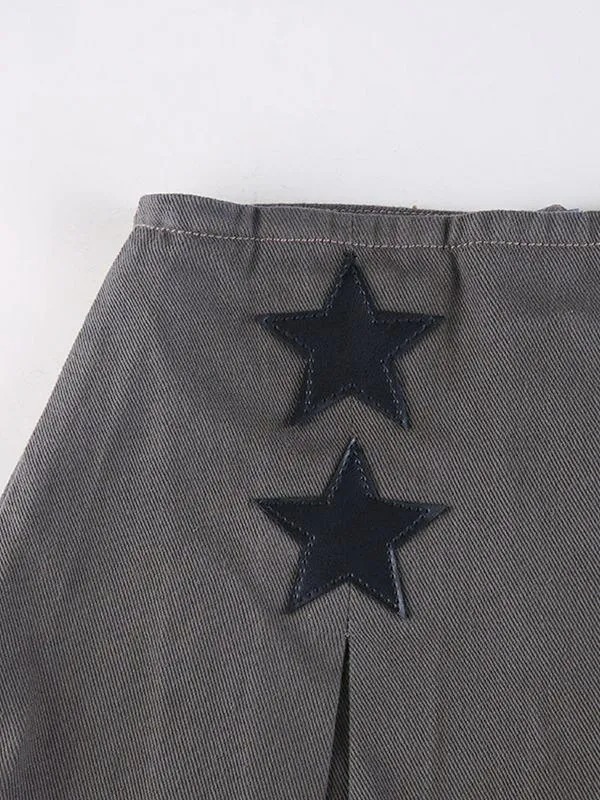 Star Patched Denim Cargo Mini Skirt