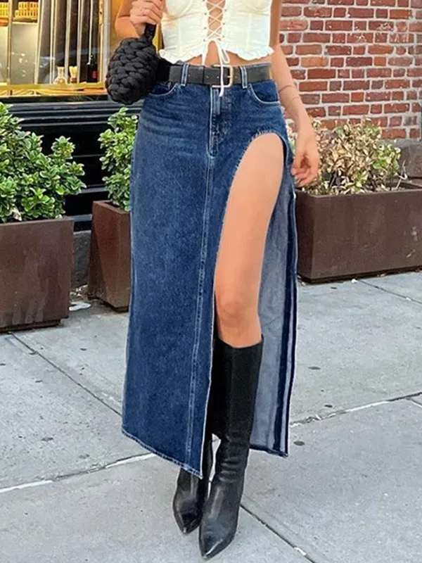High Slit Maxi Denim Skirt