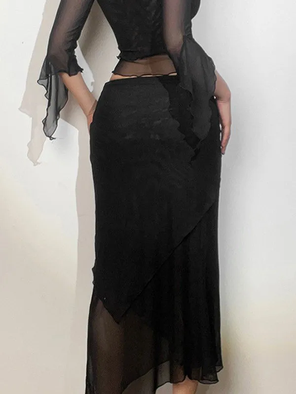 Black Asymmetric Mesh Maxi Skirt