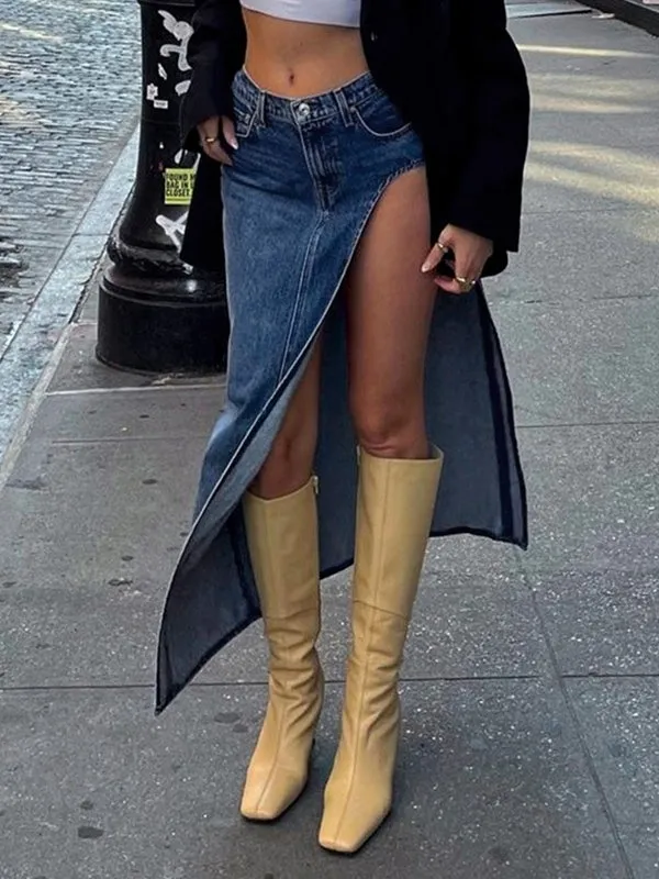 High Slit Maxi Denim Skirt