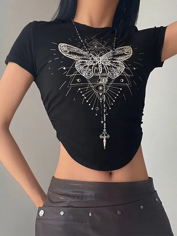 Butterfly Print U Shaped Hem Short Sleeved Tee