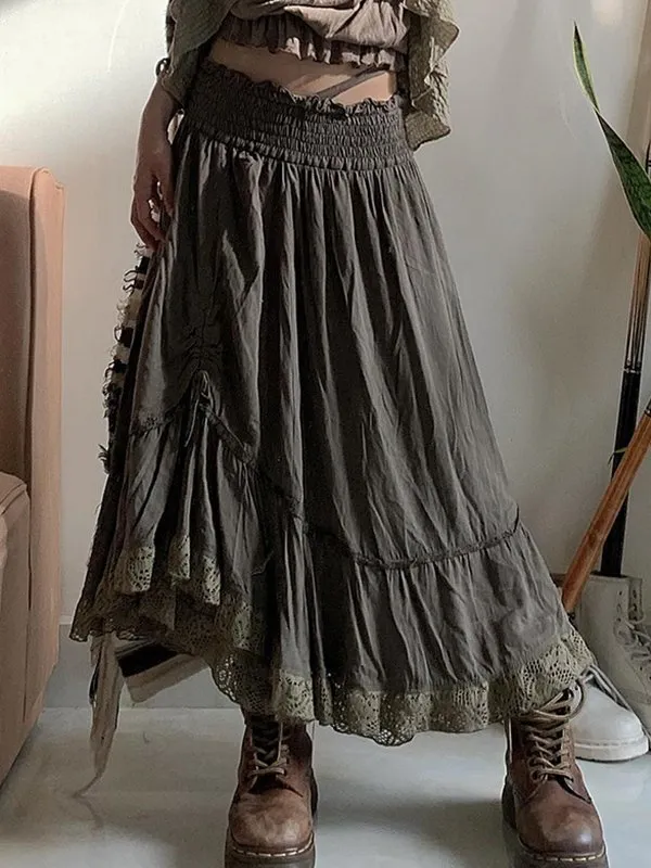 High Waist A-Line Solid Color Casual Ruched Midi Skirts