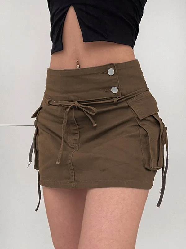Tooling Style Large Pocket Stitching Bag Hip Denim Mini Skirts