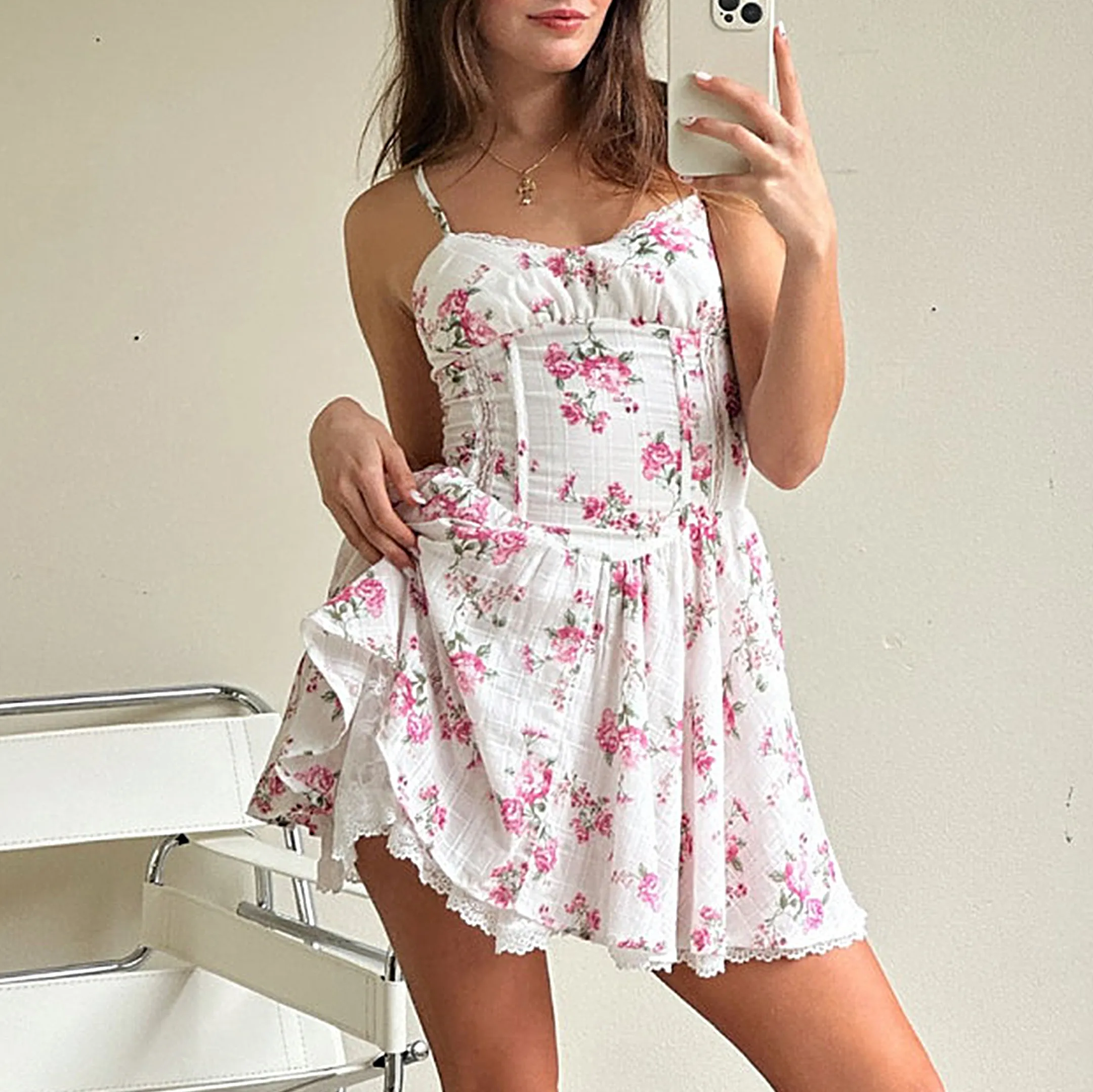 Women's Floral Printed Suspender Mini Dress