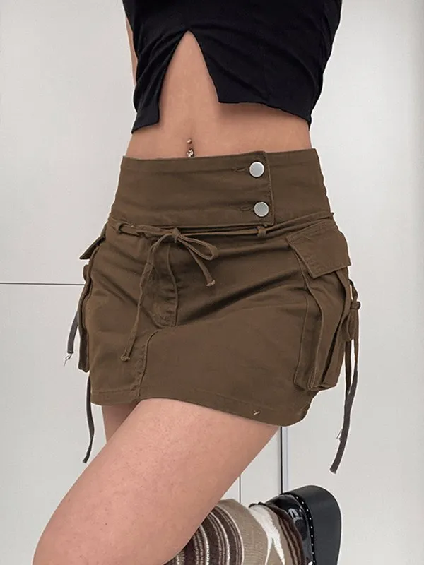 Tooling Style Large Pocket Stitching Bag Hip Denim Mini Skirts