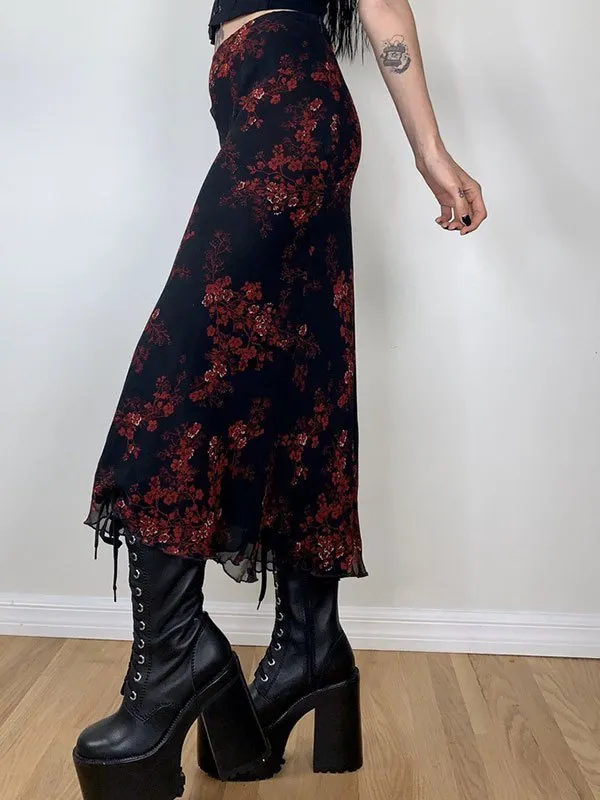 Mesh Paneled Floral Midi Skirt