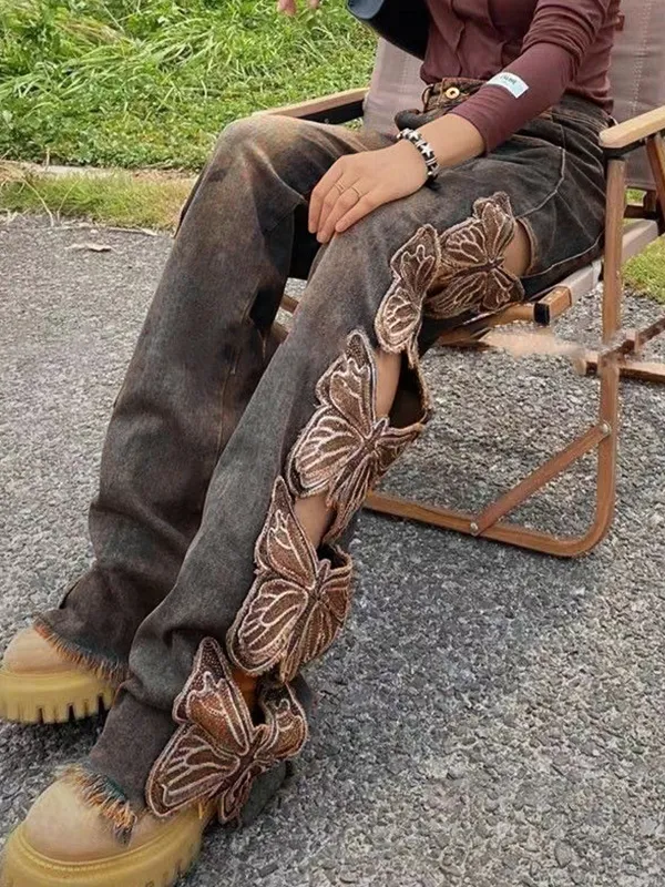 High Waist Embroidered Ripped Loose Fit Ripped Jeans