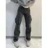 Washed Mid Waist Pocket Cargo Jeans
