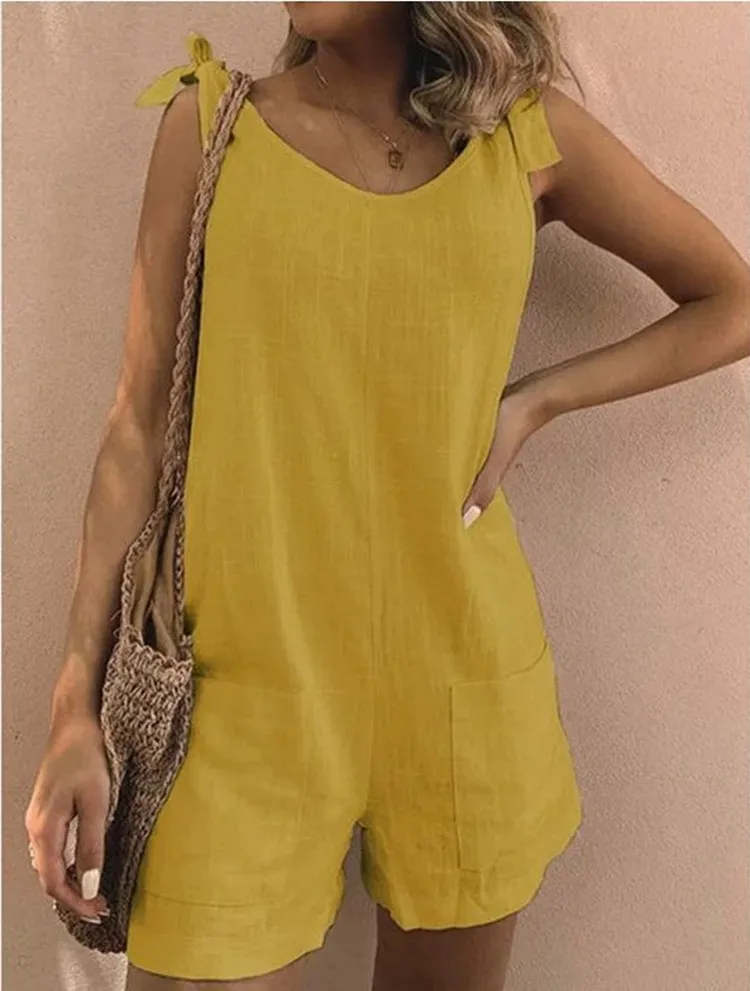 Pure color cotton and linen patch pocket fashion jumpsuit