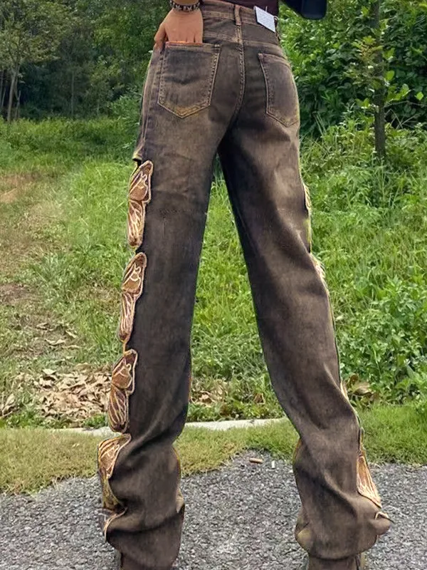 High Waist Embroidered Ripped Loose Fit Ripped Jeans