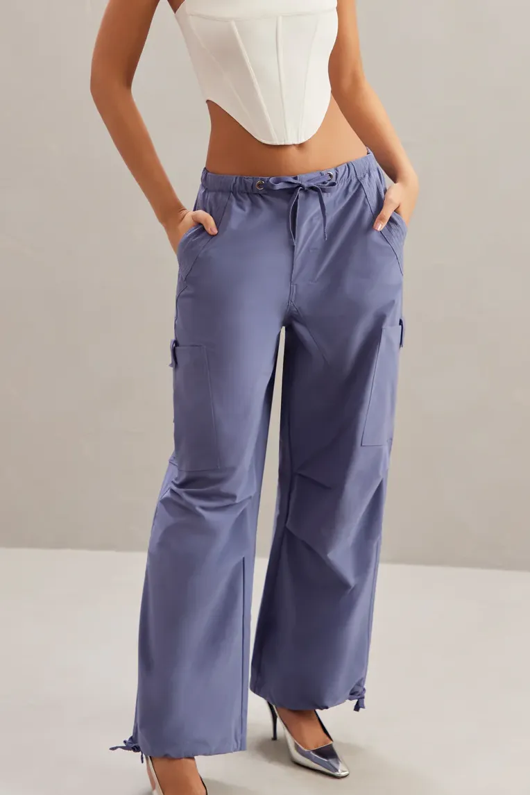 Wide Leg Cargo Trousers in Dusty Blue