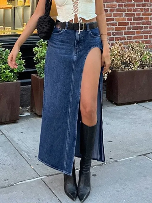 High Slit Maxi Denim Skirt