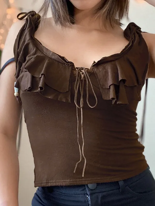 Ruffle Neck Ties Tank Top