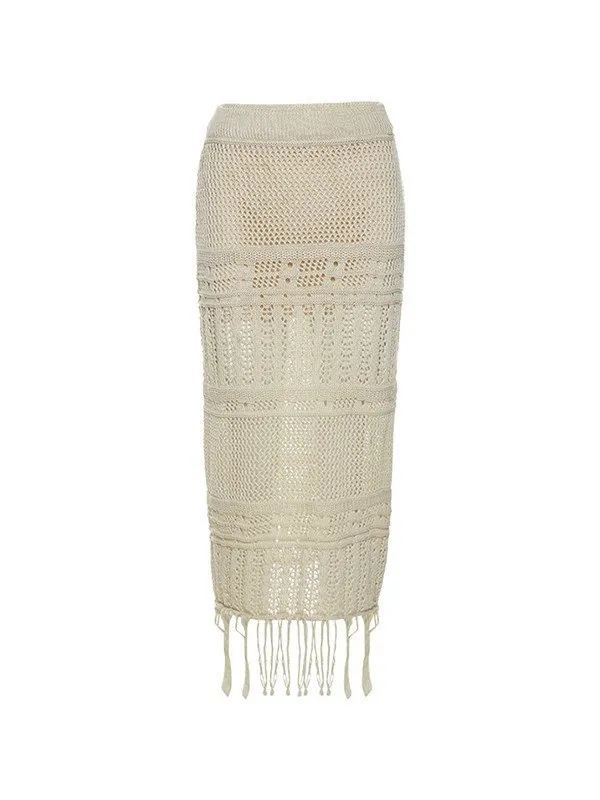 Fringed Crochet Hollow Knit Long Skirt