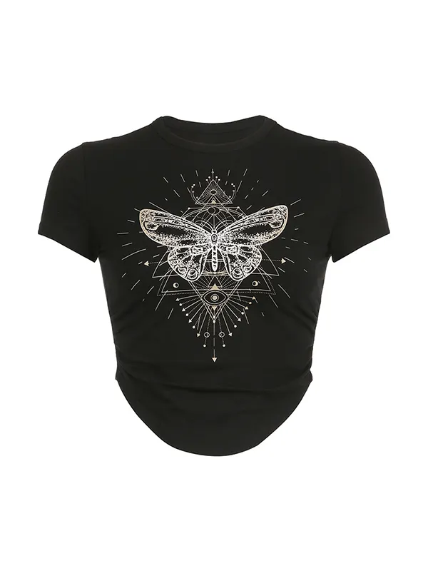Butterfly Print U Shaped Hem Short Sleeved Tee