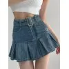 Buckle Belt Pleated Denim Mini Skirt